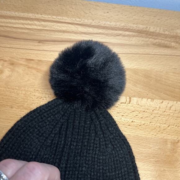KARL LAGERFELD Womens Knit Beanie Hat Rhinestone Cat Logo Black Pom Pom Winter - Picture 7 of 10